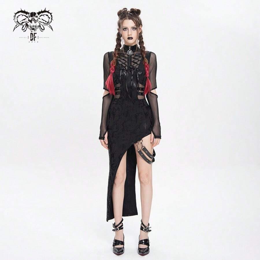Devil fashion 一件哥特风蛇纹五芒星镂空网纱连衣裙,小众街头风,春秋季 - 黑色 - 查看 1
