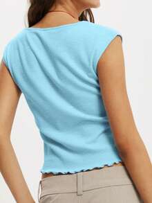 Women Tank Tops V Neck Sleeveless Ruched Slim Fit High Slit Hem Summer Cropped Vest Shirts - 天藍 - 查看 7