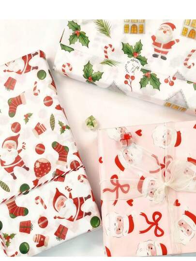 10 Stück dünnes Weihnachtsmann-Thema Geschenkpapier - Kleine Größe 50x35cm, rosa Hintergrund mit rotem & weißem Weihnachtsmann und Schleifen Design, handgefertigt, strapazierfähig für Geschenkverpackung und Partydekoration, geeignet für Weihnachten, Feiertage, Weihnachtsdekoration, Feiertags-Papier, dünnes Papier, Weihnachtsmann-Thema, hochwertige Qualität, ideal für Weihnachten