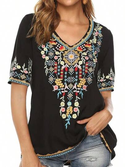 Blusa bohemia de verano para mujer, manga corta, estilo casual túnica, moda bohemia  2025