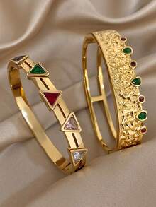 18K Gold Plated Stainless Steel Vintage Luxury Elegant Multicolor Diamond Gemstone Zirconia Bangle Bracelet Set For Women, Mom Gift Christmas Thanksgiving Halloween Wedding Rave/Prom/Party/Daily Accessories Gift For Anniversary Valentine's Day Boho Jewelry Birthday Bridesmaid Gifts
