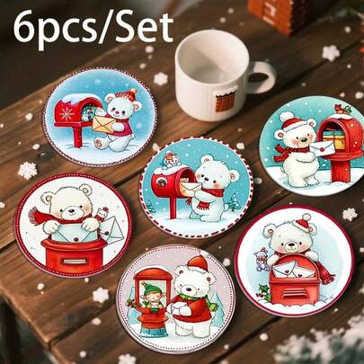 6pcs Cute Winter Bear Mailbox Silicone Coaster Set, 2D Printed Design, Heat Resistant Non-Slip Drink Coasters, Creative Coffee Mats, Home Decor, Tabletop Protection, Holiday Party Decoration, Ideal Gift For Birthday Or Festivals