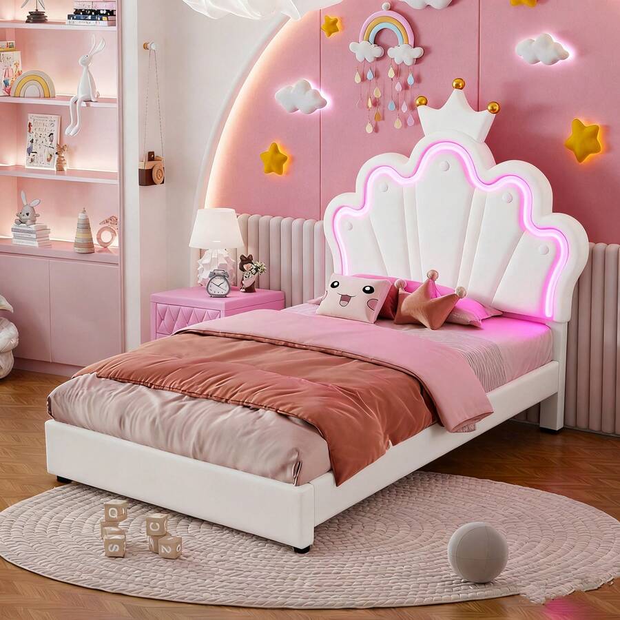 Polsterbett 90x200 cm in Weiß | Prinzessinnen-Kronenbett mit verstellbarem Kopfteil | Ferngesteuertes Ambientelicht & 2 Schubladen | PU-Material ohne Matratze