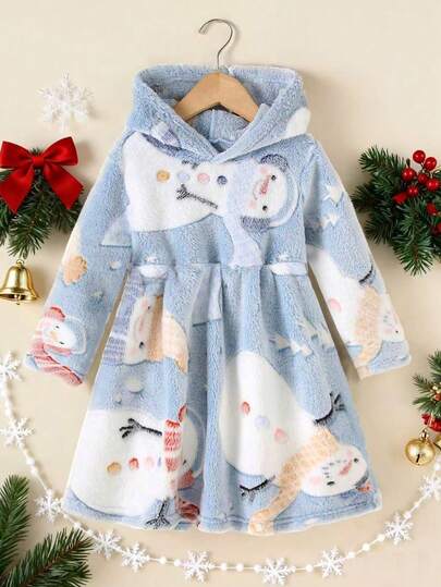 Girls' Thick Fleece Snowman Glow-In-The-Dark Pattern Hooded Warm Dress, Snowman Pattern Long Sleeve Umbrella Dress, Machine Washable Warm Casual Autumn/Winter Dress, Christmas Gift