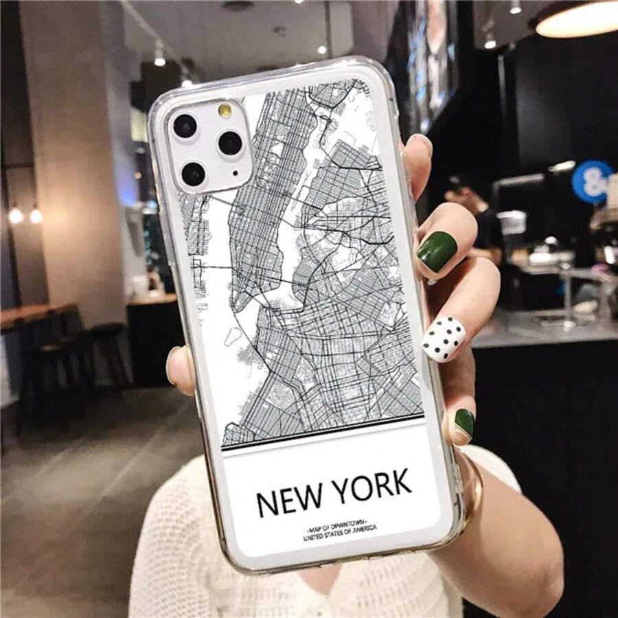 Transparent World Map Travel Country Sketch City Soft Phone Case For  7 8 Plus 12 13 Mini 11 Pro Max XS Max XR X SE 2020, Cover Compatible With  17 Case,  17 Pro Case,  17 Pro Max Case - rõ ràng NEW YORK - Xem 1