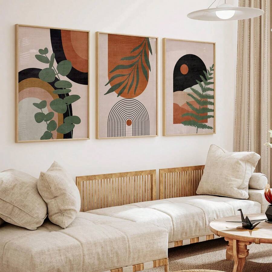3pcs/Set Abstract Nature Oil Painting Print - Desert And Palm Leaves, Mid-Century Modern Bohemian Decor Suitable For Home Decor, Room Decor, Bedroom Decor, Living Room Decoration, Bathroom Decor, Wall Decor, Optional Wall Art With Frame