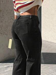 Women's Insert Pocket Loose Casual Basic Straight Jeans - Black - View 5