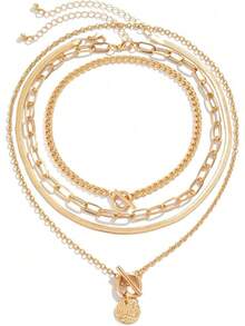 In Stock Instant Delivery Gold Layered Stack Necklace Set Women, Retro Thick Cuban Chain Coin Medallion Pendant Necklace, Paperclip Chain Heart Clasp Choker Jewelry WFZK - 黑色 - 查看 8