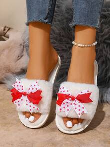 1 Pair Cute Bow Plush Lined White Ladies' House Slippers, Comfortable For Indoor Wear In Autumn/Winter