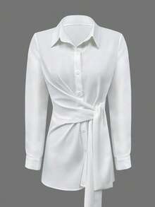 Women's Elegant White Long Sleeve Shirt Collar Blouse With Stylish Front Tie Detail And Regular Hem Non-Stretch Polyester Fabric For Versatile Wear