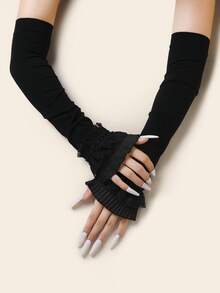 1 Pair Solid Color Knitted Lace Trim Arm Warmers For Women, Black & White, Mid-Length Knitted Sleeve Cuffs, Autumn/Winter - Multicolor - View 11