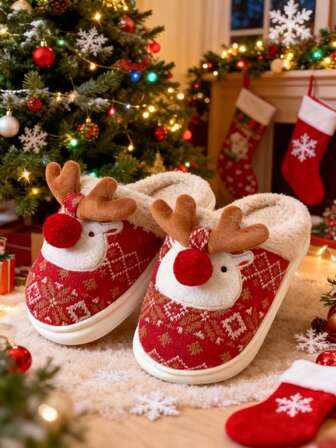 Christmas Deer Cartoon Plush Warm Round Toe Slippers, Cute Reindeer Indoor Slippers, Fashion All-Match Christmas Gift