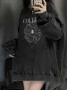 女学生简约经典复古美式纯棉黑色个性水洗Y2K雏菊英文字母印花宽松休闲日常长袖上衣T恤，返校秋冬T恤