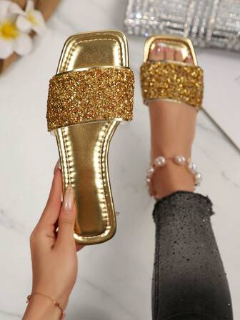 女式水钻装饰一脚蹬穆勒凉鞋，轻便防滑，休闲沙滩装，适合大码，时尚闪光夏季拖鞋