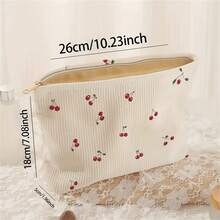 Cute Cherry Print Corduroy Zipper Pouch - Lightweight Makeup Bag With Lining, Multi-Functional Toiletry Organizer For Travel & Daily Use, White With Red Cherry Design, Hand Wash/Dry Clean, Small Cosmetic Bag, Playful Design, Soft Texture - Multicolor - View 2