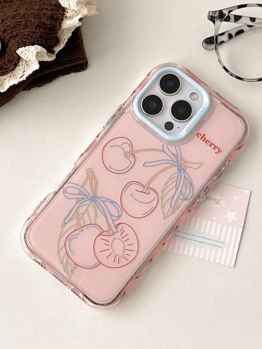 1 Ốp lưng điện thoại họa tiết nơ xanh dễ thương hình quả anh đào 16 Pro Max, phù hợp với Apple Series 15, 16 Pro, 14, 13, Ốp lưng bảo vệ bằng silicon, - màu hồng nhạt - Xem 1