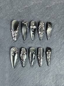 Ten Pieces Of Gray Retro Handmade Nail Art, Gothic Punk Style, Retro Press-On False Nails, Long Almond Press-On False Nails, Reusable False Nails, Nail Art, Suitable For Girls And Ladies To Wear Daily For Parties - Multicolor - View 8