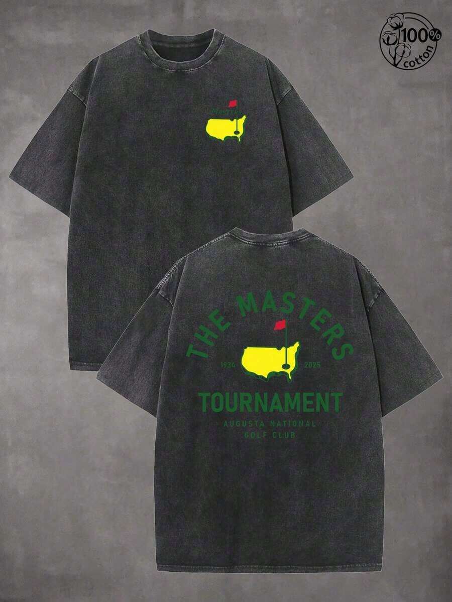 1pc Creative And Versatile, "THE MASTERS" Golf Pattern, Golf Shirt, Men's And Women's T-Shirts, 230G Wash Cotton High-Quality Cotton Printed T-Shirts, Suitable For Street Retro And Outdoor Sports And Leisure, Y2K Style Outfit, Ball Sports T-Shirts, Perfect Gifts. Men's Clothing Shirts - 黑色 - 查看 1