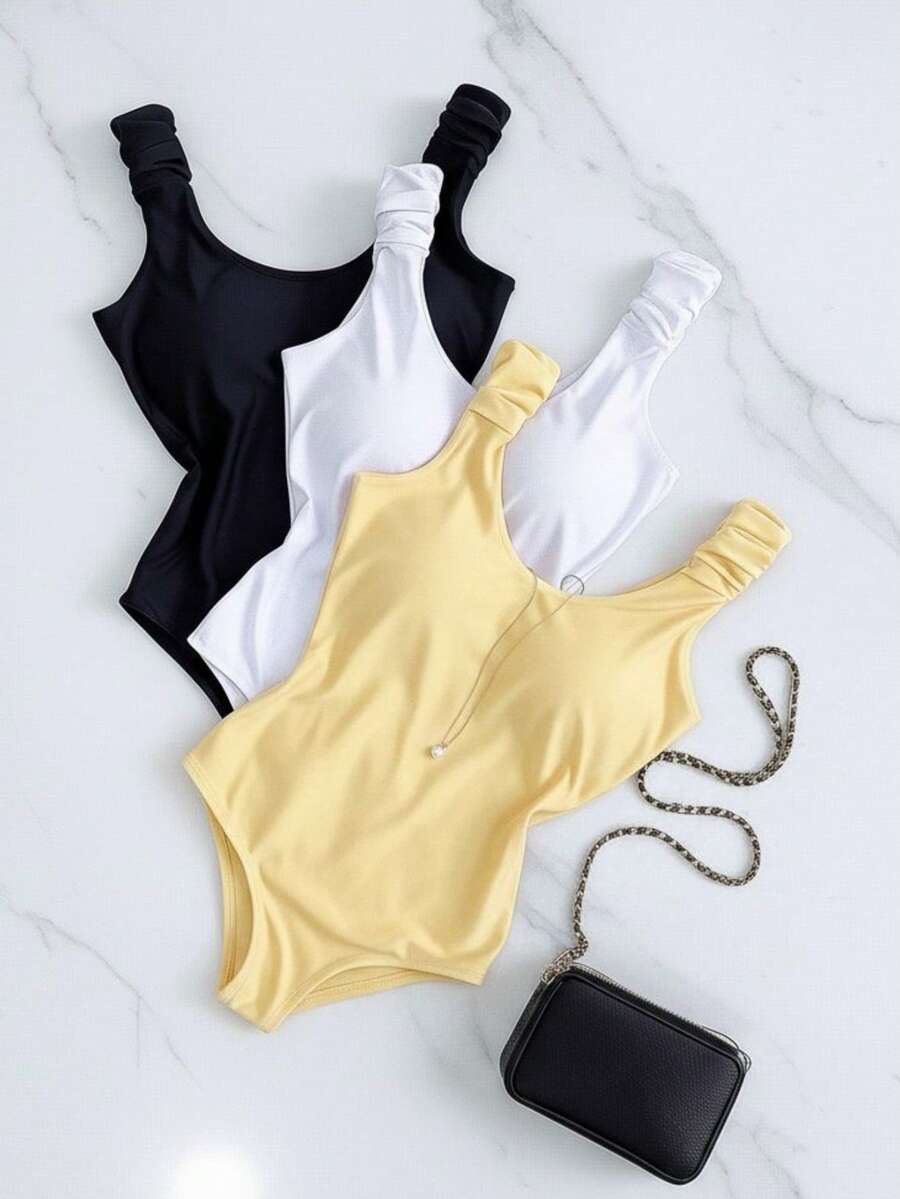 Kit 3 Basic Bodysuits With Thick Straps And Elastic With Discreet Neckline, Shapewear, Versatile Casual Fashion, Casual, Gringa Blogger - 黑白黃 - 查看 1