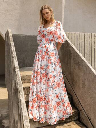 Faeriesty 印花优雅雪纺晚礼服，饰以繁花绿叶图案——方领设计，复古泡泡袖，收腰剪裁，及踝长裙 | 浪漫约会之夜及花园婚礼礼服