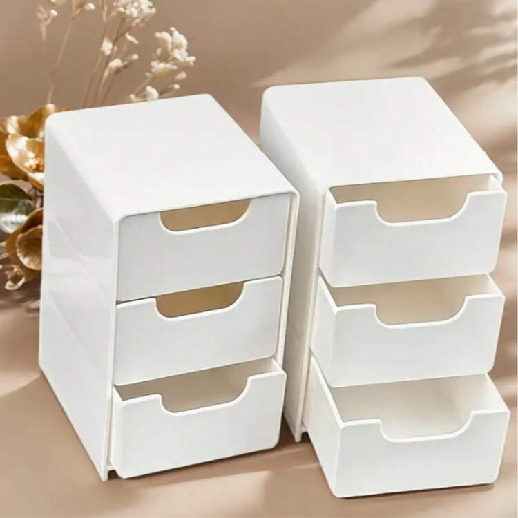 带手柄的 3 层可堆叠塑料储物盒 - 轻质独立式收纳盒，适用于珠宝、化妆品、办公室和浴室 - 时尚白色耐用塑料抽屉收纳盒，适用于小物品、珠宝收纳盒 - 白色 - 查看 2