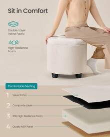SONGMICS Round Ottoman, Ottoman With Storage, 17.7 X 17.7 X 17.5 Inches, Foot Rest With Legs, Velvet, Load Up To 330 Lb, For Living Room, Bedroom - White - View 4
