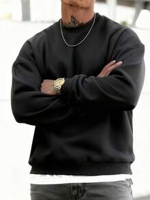 男士休闲运动衫 - 纯色、长袖、针织面料、H 型、适合徒步和户外活动、涤纶、圆领、运动风格上衣，适合秋冬季