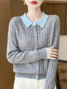 Women Cardigans - Gray Blue Collar - View 4