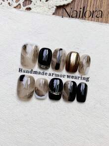 10pcs Handmade Nails Square Nails Press On Nails Short, Minimalism Black Nails Gradient, French Tip Nails, Smoke Pattern Magic Mirror Powder Chrome Nails, Simple Elegant Luxury Autumn Nails, Minimalist Aesthetic Winter Press On Nail, Versatile Nails DIY False Nail Art Party Daily & Dating Suitable Use In Work Setting Reusable, For Women & Girls As Gift Nail Supplies - Black - View 1