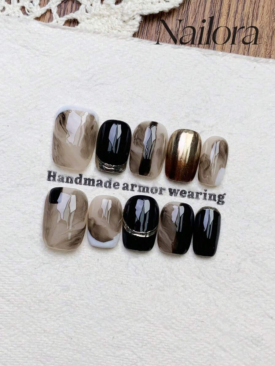 10pcs Handmade Nails Square Nails Press On Nails Short, Minimalism Black Nails Gradient, French Tip Nails, Smoke Pattern Magic Mirror Powder Chrome Nails, Simple Elegant Luxury Autumn Nails, Minimalist Aesthetic Winter Press On Nail, Versatile Nails DIY False Nail Art Party Daily & Dating Suitable Use In Work Setting Reusable, For Women & Girls As Gift Nail Supplies - Black - View 1