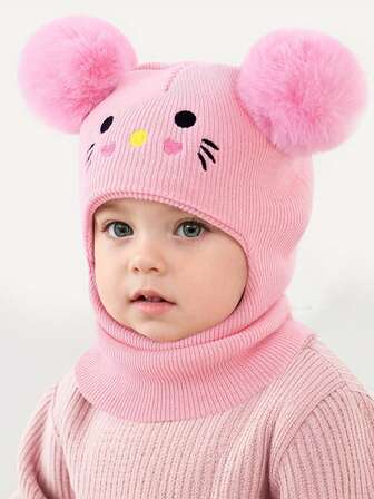 1顶儿童秋冬刺绣卡通猫咪针织帽，带护耳，保暖加厚，适合户外活动，适合1-3岁儿童