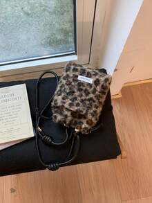 Autumn And Winter High-End Commuting Niche Mobile Phone Crossbody Small Bag For Women, New Brown Leopard Pattern Plush Fur Bag.