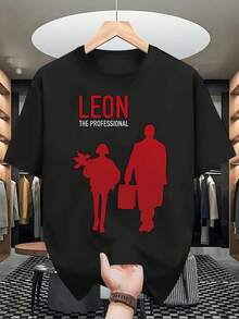Men's Summer Casual T-Shirt - "Leon The Professional" Graphic, Black Polyester Crew Neck T-Shirt With Red Silhouette Design, Perfect For Casual Wear, Relaxed Fit Shirt | Eye-Catching Graphic T-Shirt | Durable Fabric - 黑色 - 查看 7