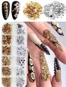 12 rejillas Perlas doradas + plateadas de medio círculo Encantos de uñas Cuentas planas metálicas Bolas de perlas de tamaño mixto Perlas para uñas Gemas para uñas DIY Suministros para uñas, Encantos para uñas DIY, Gemas para uñas, Salón de uñas, Suministros para uñas, Año Nuevo, Acción de Gracias, Regalos de Navidad, Regalos de Pascua, Regalos de festivales - Multicolor - Ver 3