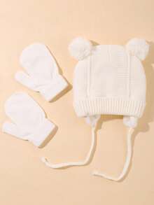 婴儿针织帽+婴儿手套2件套耳罩带长绳和双绒球针织帽可以更好地保护婴儿男孩女孩秋冬季都可以戴。 - 針織帽+手套組合 - 查看 4