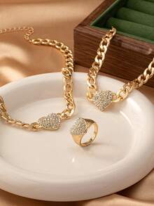 3 Stücke Frauen Schmuckset, Vintage eleganter Hip Hop Stil komplett mit Strass verziertes Herz & dicke Kette Anhänger Halskette, Armband, Ring Set, geeignet für Valentinstag, Partys und den täglichen Gebrauch - Goldgelb - Übersicht 2