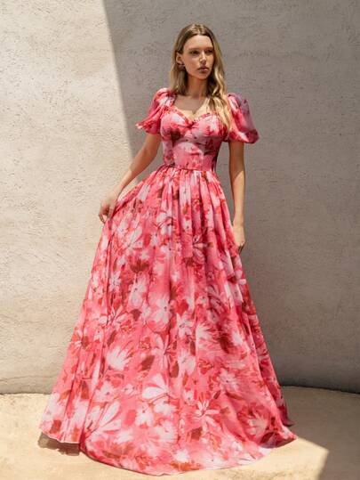 Faeriesty Printing Elegant Floral Chiffon Maxi Dress With Square Neckline – Short Puffy Sleeves, Fitted Bodice & Graceful Full Skirt For Beach Weddings, Outdoor Garden Receptions & Romantic Dinner Dates