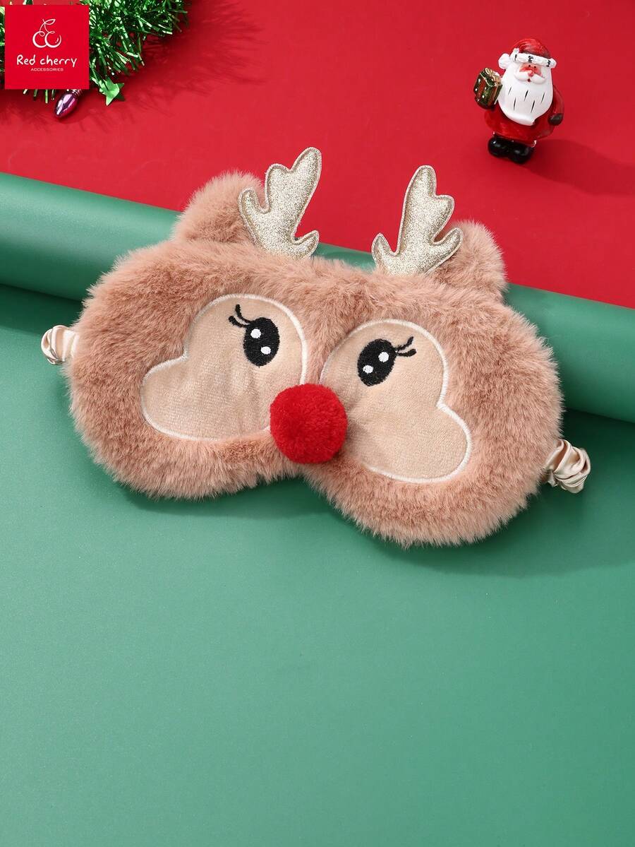 1pc Polyester Plush Christmas Reindeer Shaped Eye Mask, Suitable As Gift For Teenagers At Christmas Party - Brown - View 1
