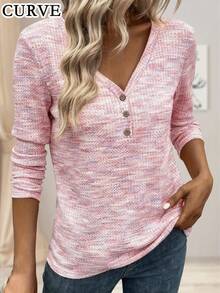 Plus 女式 V 领扎染长袖纽扣 T 恤上衣 - 粉色 - 查看 1