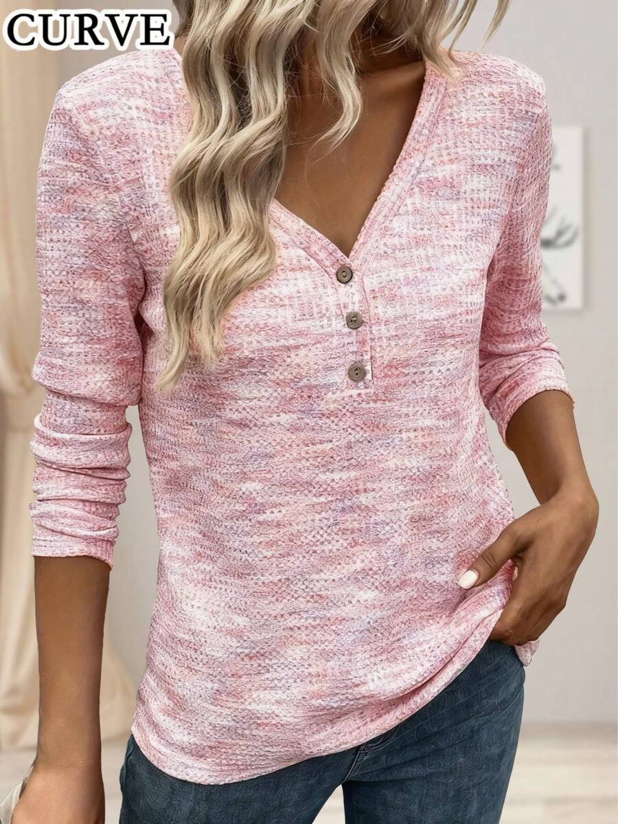 Plus 女式 V 领扎染长袖纽扣 T 恤上衣 - 粉色 - 查看 1