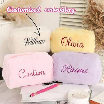 Customized Personalized Name Ins Style Macaron Color Large Capacity High-Quality Cute Plush Compact Portable Cosmetic Bag, Daily Fashion Versatile Makeup Bag, Embroidered Macaron Plush Pencil Case Handbag, Candy Color Portable Sweet Soft Cosmetic Bag Pencil Case, Suitable For Commuting, Vacation, Shopping, Traveling, Playing, As A Gift For Family, Friends, Sisters, Wife, Girlfriend