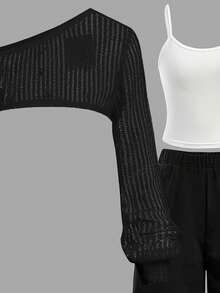 青少年夏季三件套服装，美式街头风宽松针织外套、吊带背心、工装裤 - 黑色 - 查看 4