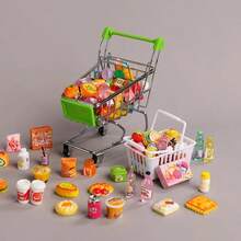 POKOJA LAND Xe đẩy mua sắm mini mô phỏng nhà búp bê, kèm đồ ăn và phụ kiện đồ chơi - Khung 4 bánh chắc chắn, giỏ mua sắm mở và ngăn chứa đồ phía dưới, phối màu (Hồng/Xanh lá cây/Xanh dương), thích hợp cho trò chơi nhập vai, trang trí nhà búp bê và các bữa tiệc theo chủ đề - Tương thích với búp bê và tượng nhỏ - Bao gồm thực phẩm mini và đồ ăn đồ chơi, bánh xe chắc chắn giúp di chuyển dễ dàng, thiết kế nhỏ gọn và tiện dụng khơi gợi trí tưởng tượng khi chơi. - Nhiều màu - Xem 4