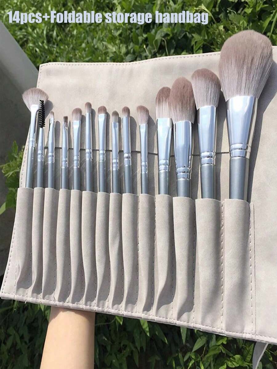 14pcs Professional Makeup Brush Set With Foldable Leather Carrying Case, Includes Powder Brush, Foundation Brush, Eyeshadow Brush, Eyebrow Brush, Concealer Brush, Contour Brush And Travel Brush. Ideal For Makeup Beginners And Great Gift For Christmas And Valentine's Day. - Grey - View 1