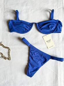 Underwire Bikini With Adjustable Straps And Thong Panties - Blue Rim - View 1