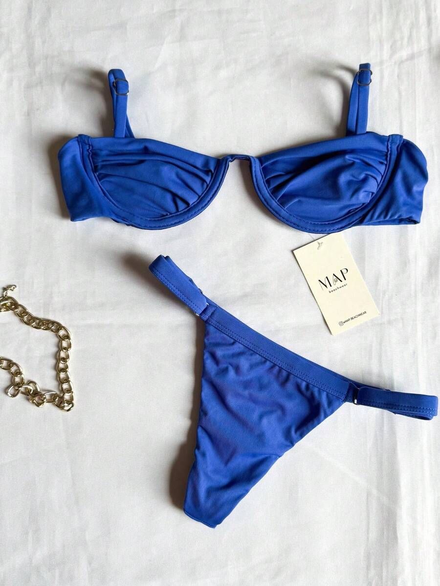 Underwire Bikini With Adjustable Straps And Thong Panties - Blue Rim - View 1