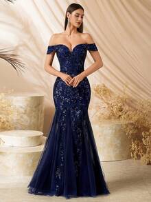 优雅单肩珠绣高腰拼接长裙，露背系带设计，适合舞会、生日派对、晚宴、约会、返校节、婚礼、正式晚宴、家庭聚会等场合。 - 藏蓝色 - 查看 6