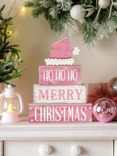 Set da 4 decorazioni natalizie in legno rustico - Cappello rosa e disegno fiocco di neve, testo "Buon Natale", centrotavola stile fattoria, decorazione natalizia per la casa, legno artificiale, senza elettricità necessaria, stile classico, forma asimmetrica