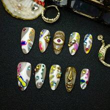 10pcs Press On Nails Handmade Acrylic Material Luxury Vintage French Style Gold Abstract Art Design Nude White Beige Color Almond Press On Nail Set 3D Face Sculpture Colorful Dot Details Full Coverage Reusable False Nails Cute Nail Art Suitable For Valentine's Day Gifts Easter Party Daily Wear Art Events - trắng - Xem 1