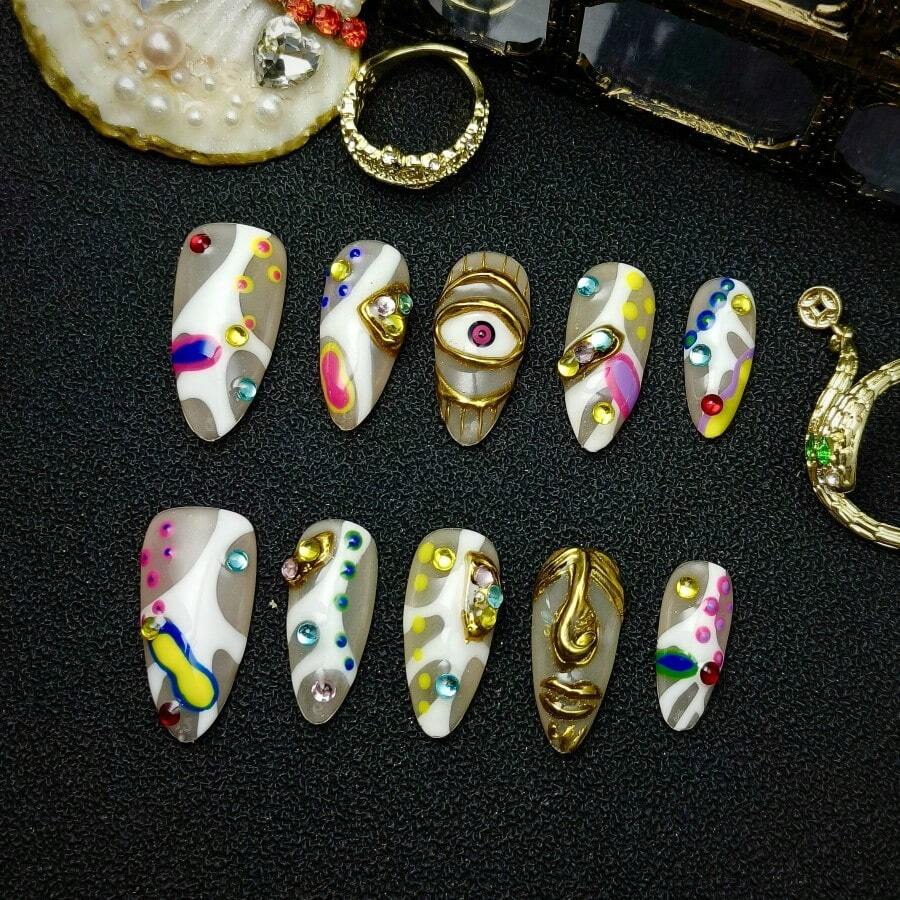 10pcs Press On Nails Handmade Acrylic Material Luxury Vintage French Style Gold Abstract Art Design Nude White Beige Color Almond Press On Nail Set 3D Face Sculpture Colorful Dot Details Full Coverage Reusable False Nails Cute Nail Art Suitable For Valentine's Day Gifts Easter Party Daily Wear Art Events - trắng - Xem 1